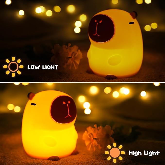 Capybara Night Light Cute Squishy Silicone Nursery Nightlight Dimmable Rechargeable Animal Bedside Lamp with Timer & Tap Control, Christmas Gift