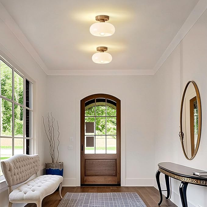 WOKNOS Mid-Century Modern Semi Flush Mount Ceiling Light, Faux Wood Kitchen Ceiling Light Fixture with Glass Shade, Vintage White Close to Ceiling Lamp for Entryway Hallway Bathroom (8.66 Inch)
