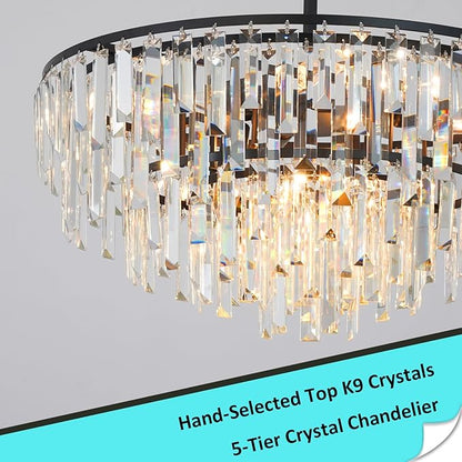 Black Crystal Chandelier for Dining Room, 24" Modern Round Top K9 Crystal Chandeliers 5-Tier 8 Lights Adjustable Ceiling Hanging Pendant Light Fixture for Living Room Bedroom Foyer