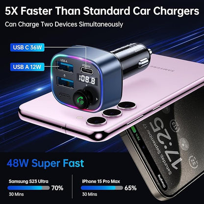 Syncwire Bluetooth 5.4 FM Transmitter Car Adapter 48W(PD 36W & 12W) [Light Switch] [Hi-Fi Deep Bass] [Fast Charging] Wireless Radio Music Adapter LED Display Hands-Free Calling Support USB Drive
