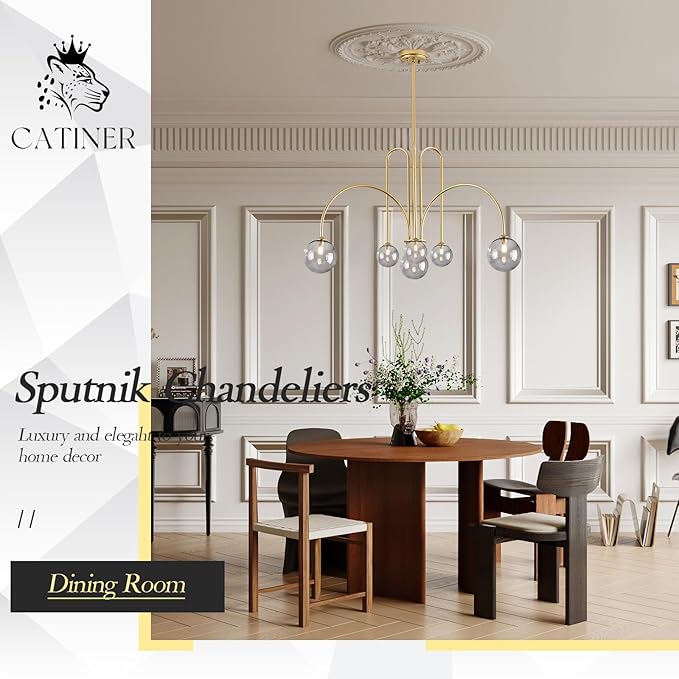 CATINER Modern Gold Chandelier, 6 Lights Sputnik Chandeliers Large L40”Mid Century Ceiling Pendant Light Fixtures with Smoke Glass Globe Shades for Living Dining Room Foyer Bedroom