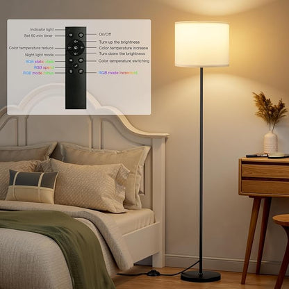 Ambimall Floor Lamp for Living Room with Smart Light Bulb, RGB + Stepless Dimmable Colors Temperature & Brightness(White Shade & Black Pole)