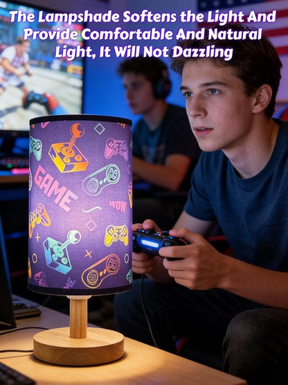 Video Game Lamp, Boy for Bedroom Reading Lamp-3-Way Dimmable Bedside Night Light with Cartoon Pattern Printed Shade and Wood Base for Kids Room,Game or Living Decor, Birthday Gifts for Boys