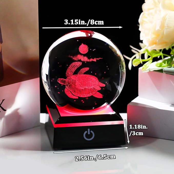 Arikyrist 3D Crystal Ball Sea Turtle Figurine with LED Base Laser Sea Turtle Gifts for Women Men on Christmas Birthday Decorative Turtle Ball Glass Sea Turtle Globe Night Light for Home Decor (80mm)