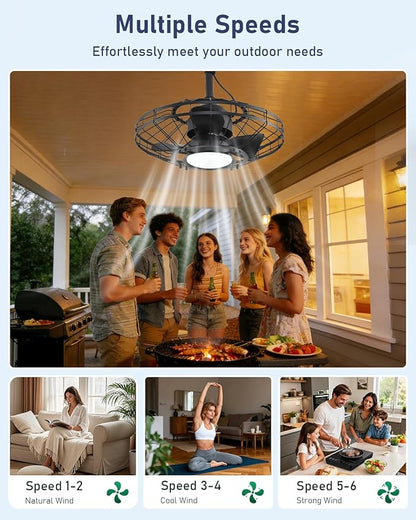 AHAWILL 20" Outdoor Ceiling Fan with Light,Waterproof Gazebo Fan with Hanging Hook,6-Speed Reversible Motor,Memory 3CCT,Plug-in Caged Ceiling Fan with Smart App Control for Patio Porch (Black)