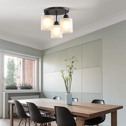 Semi Flush Mount Ceiling Light with Clear Glass Shades,3-Lights Industrial Semi Flush Mount Ceiling Light, 3-Light Industrial Black Light Fixtures Ceiling Mount for Kitchen Living Room Foyer