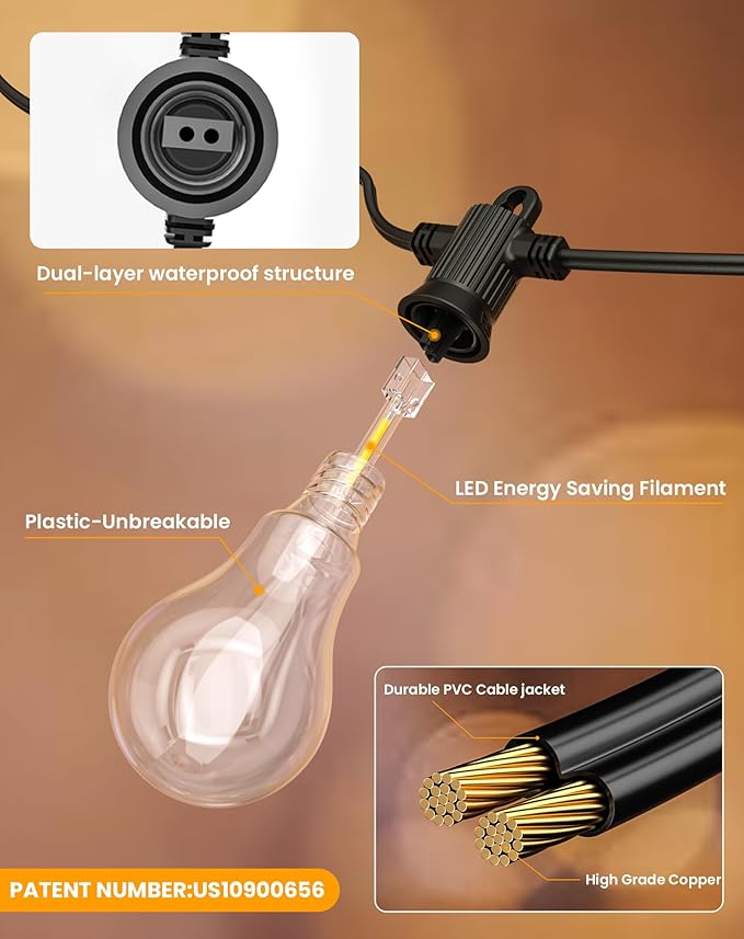 Zuske Outdoor String Lights, 50FT LED Patio Lights with 25+2 A45 Vintage Edison Shatterproof Bulbs, Waterproof Connectable Dimmable Outside Hanging Lights for Backyard Bistro Porch Garden