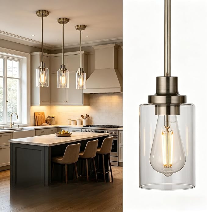 MELUCEE Mini Pendant Lights Brushed Nickel 1-Light with Clear Glass Shade, Contemporary Modern Light Fixtures Ceiling Hanging for Dining Room Kitchen Island Sink