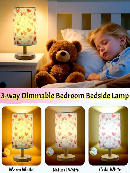 Boho Kids Table Lamp for Bedroom Girls Bedside Lamps,3-Way Dimmable Wood Base Nightstand Night Light with Pink Heart Pattern Lampshade for Living Bedroom Kids Room Office or Home Decor,Gifts for Woman