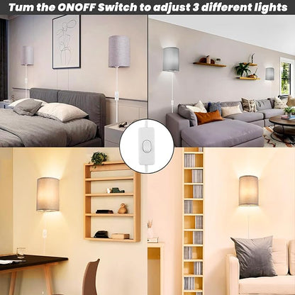 Wall Sconces Set of 2, Plug in Wall Sconces with On/Off Switch, 3-Color Selectable (3000K/4000K/6000K), Fabric Linen Lamp Shades, No Wiring Required, Ideal for Bedroom, Living Room, and Porch (Grey)