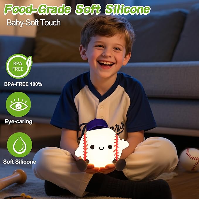 OkiyiD Baseball Night Light, Dimmable Silicone Touch Lamp with USB Rechargeable Soft Glow Bedside Lamp for Boys Bedroom Decor, Baseball Gifts for Boys Sport Fans Birthday Xmas