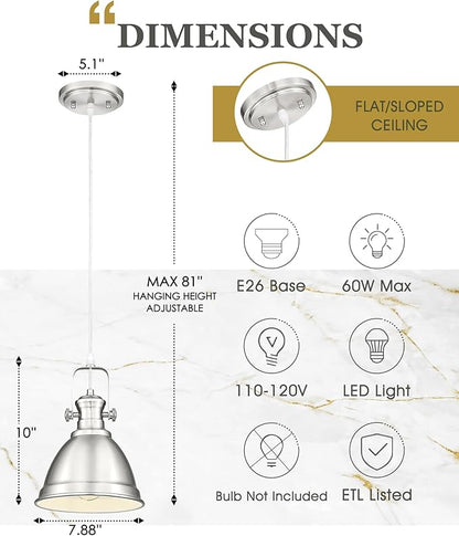 Pendant Lights Kitchen Island, 8" Farmhouse Hanging Lights Fixtures with Metal Shade, Rustic Kitchen Pendant Lighting Over Island for Dining Room, Brushed Nickel, AD-2151-1PM-SN
