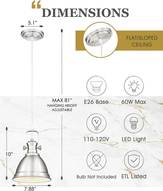 Pendant Lights Kitchen Island, 8" Farmhouse Hanging Lights Fixtures with Metal Shade, Rustic Kitchen Pendant Lighting Over Island for Dining Room, Brushed Nickel, AD-2151-1PM-SN