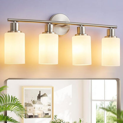DLLT 4-Light Bathroom Light Fixtures: Nickel Modern Vanity Lights with E26 Bulbs - Milky White Glass Shade Bathroom Wall Lamp for Mirror Kitchen Living Room Hallway Cabinet Porch
