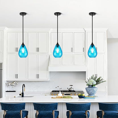 Black Pendant Lights Kitchen Island 2 Pack, Modern Blue Glass Pendant Light Fixtures with Hammered Glass and Rods, Adjustable Small Hanging Light for Kitchen Sink Dining Room Bathroom