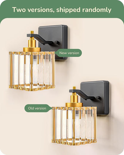 EDISHINE Wall Sconces Set of Two, Bathroom Light Fixtures with Crystal Shade, Modern Vanity Lights, Black Gold Lighting Fixtures Over Mirror, Indoor Wall Lamp, E26 Base