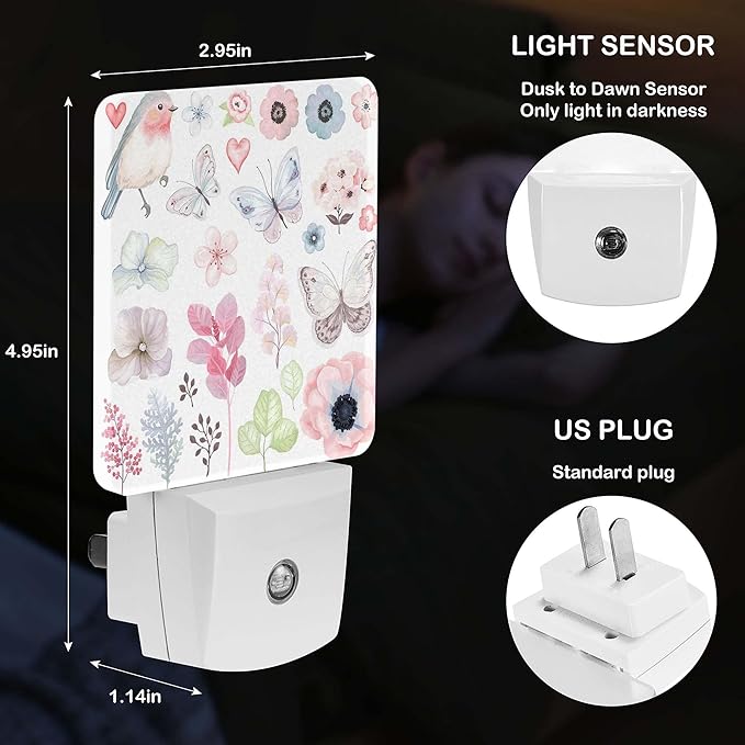 LED Night Light Lamp with Smart Sensor Dusk to Dawn Sensor,Flowers Birds Night Light Daylight White,0.5W Plug-into Wall for Adults,Bedroom,Bathroom,Hallway,Kitchen