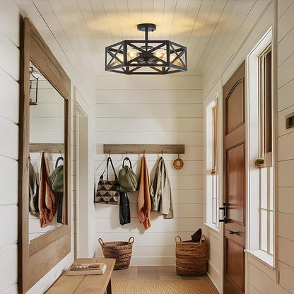 Modern Semi Flush Mount Ceiling Light,19.7" 6-Light Hexagon Flush Mount Ceiling Lights for Dining Room Light Fixture,Farmhouse Black Metal Kitchen Island Lighting Fixtures for Hallway,Bathroom