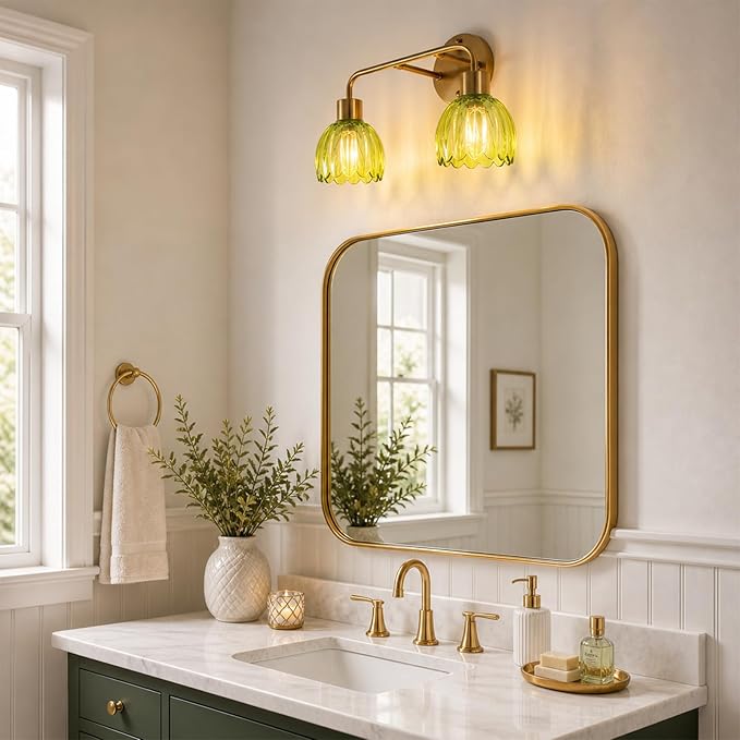 2-Light Gold Brass Bathroom Light Fixture,Wall Sconces,Brushed Gold Vanlity Light Over Mirror,Bathroom Vanity Light with Green Glass Flower Shade,E26 Socket(Bulbs Not Included)