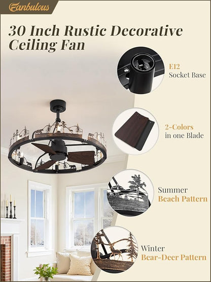 Fanbulous 30 Inch Farmhouse Rustic Ceiling Fan with Light and Remote, Black Chandelier Fan with Bear and Deer Design,Summer Sand Beach Design,Rustic Chandeliers for Living Room, Bedroom
