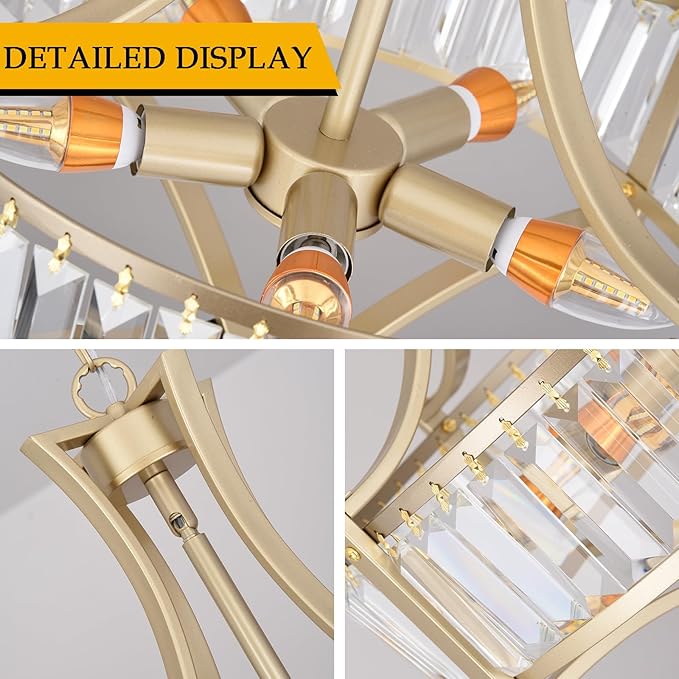 5-Light Crystal Chandelier Ceiling Light Fixture with Adjustable Height, Gold Drum Pendant Light for Dining Room Light Fixture, Kitchen Island, Bedroom, Living Room, Elegant Modern Lighting