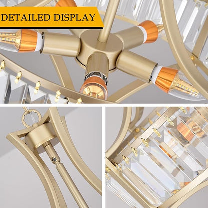5-Light Crystal Chandelier Ceiling Light Fixture with Adjustable Height, Gold Drum Pendant Light for Dining Room Light Fixture, Kitchen Island, Bedroom, Living Room, Elegant Modern Lighting
