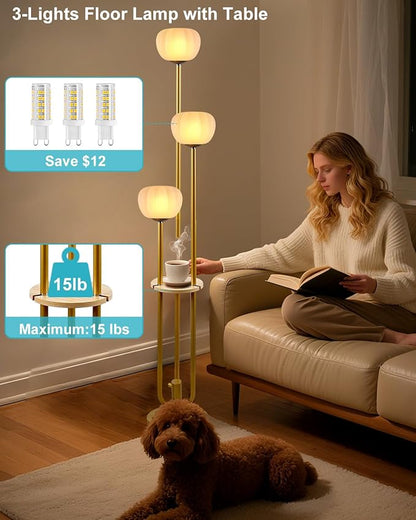 Gold Floor Lamp with Table, Modern Dimmable Floor Lamps with Pumpkin Lampshade, 3000K Soft Warm White Bulbs Included, 3-Light Tall Standing Lamp with 5Lbs Heavy Base for Living Room/Bedroom