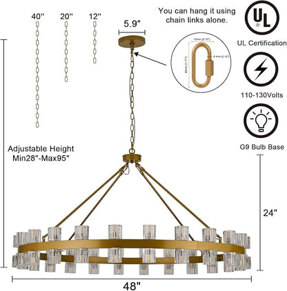48 Inch Gold Crystal Wagon Wheel Chandelier, Modern Farmhouse Round 48-Lights Pendant Lighting Fixture, for High Ceilings Living Room, Bedroom, Foyer