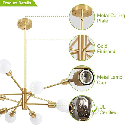 Sputnik Chandelier Modern Gold Chandelier Mid Century Ceiling Lighting Fixtures 10 Lights E26 for Living Room, Kitchen Island, Bedroom, Dining Room, and Farmhouse