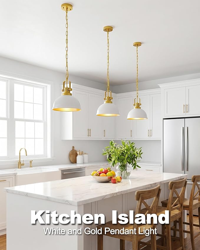 White and Gold Pendant Lights, 11.8" Modern Dome Pendant Light Fixtures with Adjustable Chain Hanging Lighting for Kitchen Island Dining Room Restaurant Bedroom Foyer Entrance Sink