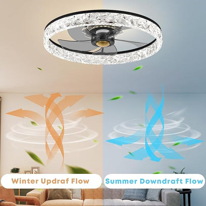 Fszdorj 20'' Ceiling Fan with Light, Upgraded Low Profile Fan, Flush Mount Ceiling Fan, 6 Speeds, Dimmable LED, App & Remote Control, Quiet DC Motor, for Bedroom, Living Room, F098 Black