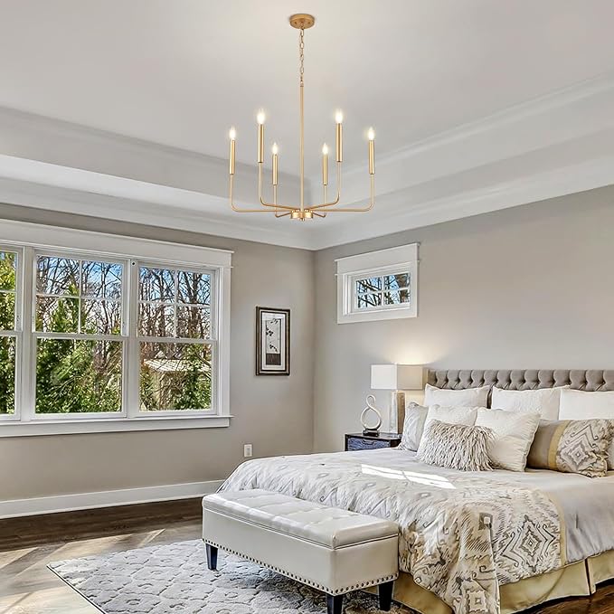 Modern Gold Chandelier for Dining Room,Metal 6-Light Kitchen Light Fixtures,Farmhouse Candle Hanging Pendant Light for Living Room Entryway Foyer Bedroom (Bulb Not Included)