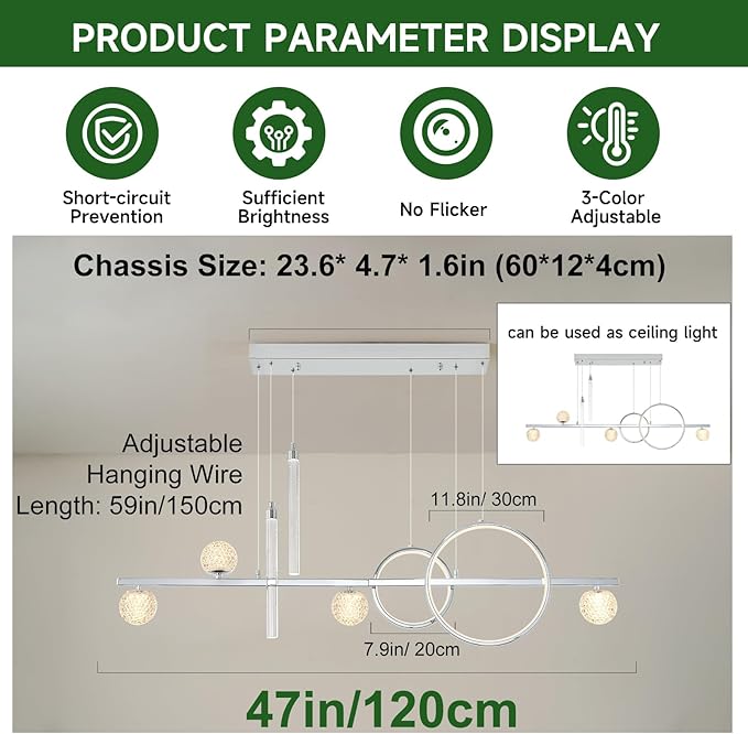 ORANOOR Modern LED Pendant Lights, Dimmable 47in Silver LED Chandelier Lighting, Upgraded Chrome Linear Dining Room Hanging Light Fixtures Kitchen Island Globe Pendant Light for Dining Table (4200lm)