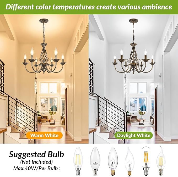 6-Light Farmhouse Candle Chandelier for Living Room, Rustic Industrial Pendant Ceiling Light fixture, Vintage Ceiling Hanging Lamp for Bedroom Hallway Kitchen Dining Room Foyer, Brown E12 Socket