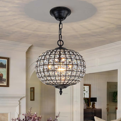 Globe Chandelier, 12" Vintage Crystal Black Dining Room Light Fixture with Gold Accents Crystal Pendant Light Antique Foyer Chandeliers for Bedroom Living Room Hallway Entryway