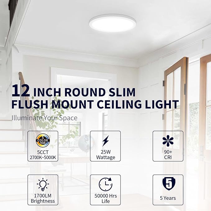 mw 12 Inch LED Flush Mount Ceiling Light Fixture, Flush Mount Ceiling Lights,120V, 2700K/3000K/3500K/4000K/5000K, 25W, Dimmable Slim LED Ceiling Light for Bedroom Hallway Kitchen