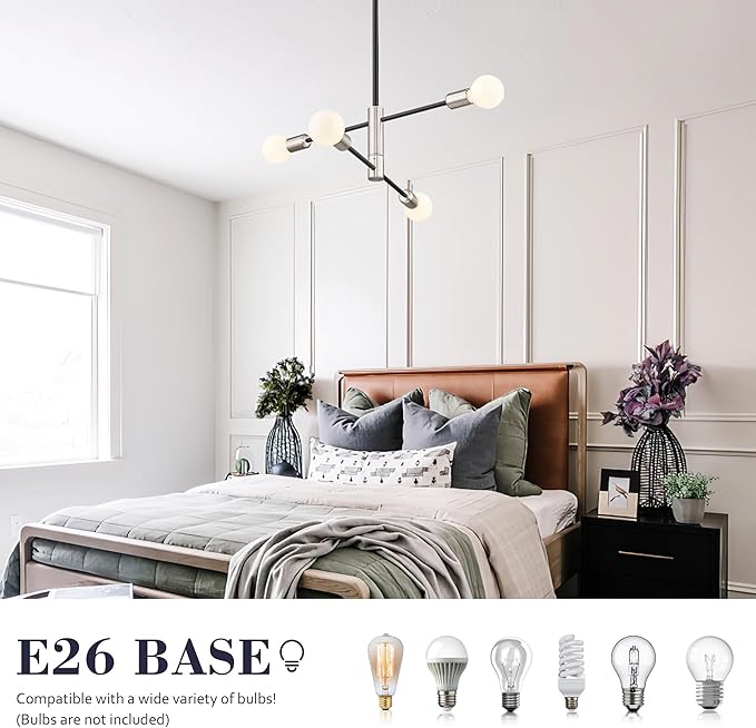 Modern Sputnik Chandelier Adjustable 4-Light Industrial Ceiling Light Fixture Mid Century Semi Flush Mount Ceiling Light Fixture Farmhouse Pendant Lighting for Dining Room Bedroom Silver
