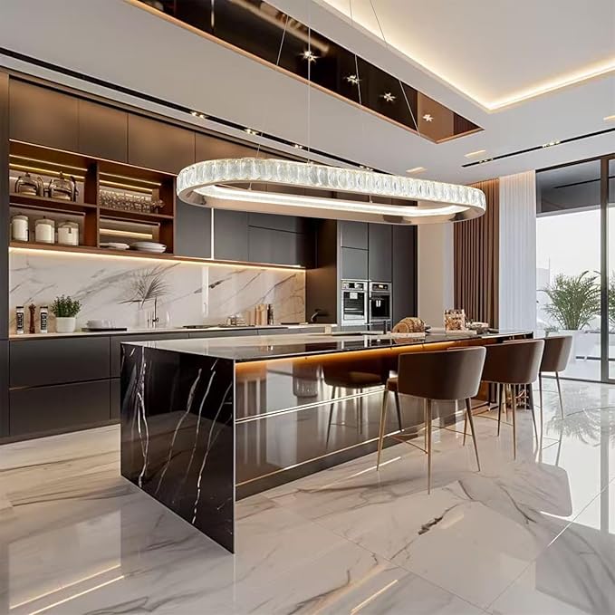 Gold Modern Chandelier Linear Led Chandeliers for Dining Room Oval Ring Chandelier Light Fixture Dimmable Led Pendant Light for Kitchen Island Lighting with Remote Controller