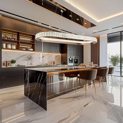 Gold Modern Chandelier Linear Led Chandeliers for Dining Room Oval Ring Chandelier Light Fixture Dimmable Led Pendant Light for Kitchen Island Lighting with Remote Controller