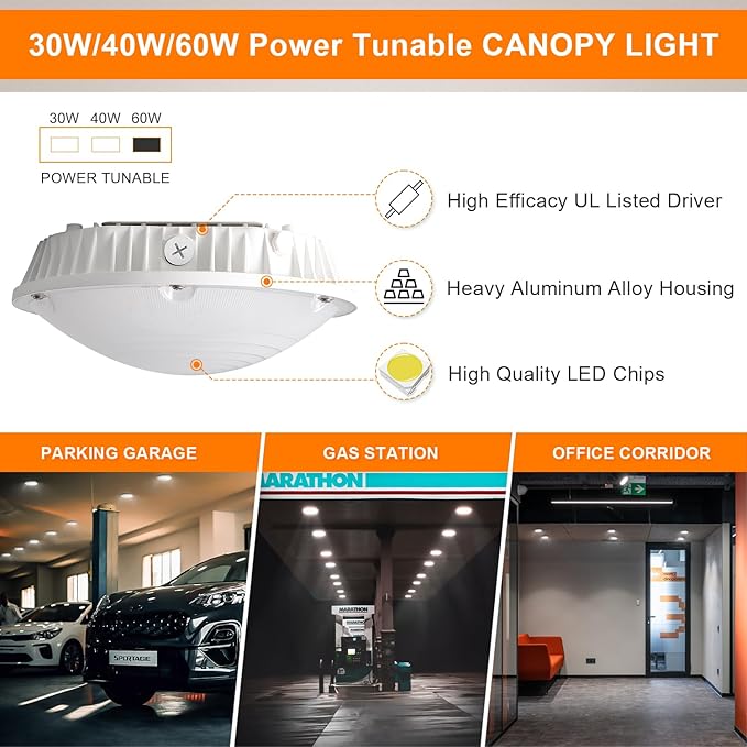LED Canopy Light, 30W/40W/60W Wattage Selectable, 5000K Gas Station Canopy Lights, IP65 Waterproof LED Parking Garage Light, 100-277V/AC ETL Listed