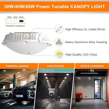 LED Canopy Light, 30W/40W/60W Wattage Selectable, 5000K Gas Station Canopy Lights, IP65 Waterproof LED Parking Garage Light, 100-277V/AC ETL Listed