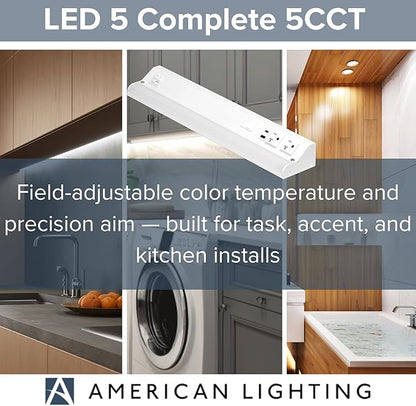 American Lighting LED Courant Plus Undercabinet Light 18 Inch 5CCT 90+ CRI 1000 Lumens with USB-A USB-C and 20A Receptacles White Finish Title 24 Compliant (2 Pack)
