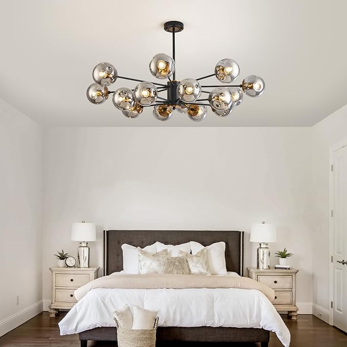 DDLLDESHI 16 Light Chandelier Sputnik Ceiling Light Fixture with Glass Globe Bubble Black Chandeliers for Dining Room Bedroom Kitchen Office Living Room Light Fixture（41" Art Deco Modern Chandelier）
