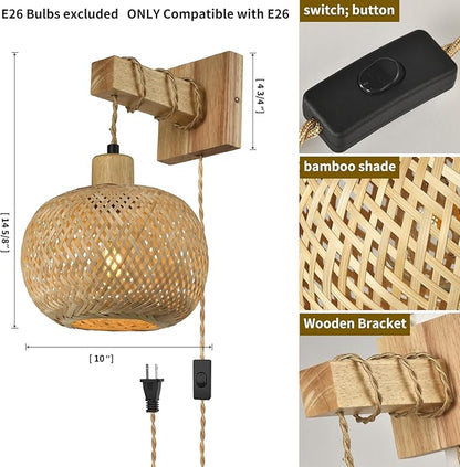 Boho Hanging Wall Light Plug in,Vintage Farmhouse Wall Sconces Set of Two with Rattan Shade for Bedroom Living Room-White