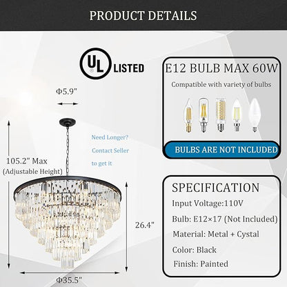 Black Crystal Chandelier Modern Large Dining Room Chandelier 17 Lights 7-Tier Luxury Round Top K9 Ceiling Pendant Light Fixture for High Ceiling Living Room Foyer Staircase