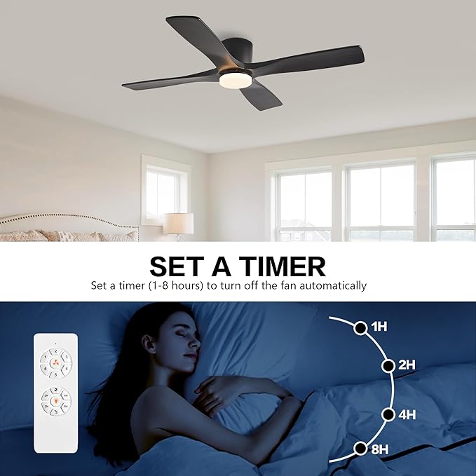 WINGBO 48 Inch Flush Mount DC Ceiling Fan with Lights and Remote, 4 Reversible Carved Wood Blades, 6-Speed Noiseless DC Motor, Hugger Ceiling Fan in Black Finish, Low Profile Ceiling Fans, ETL Listed