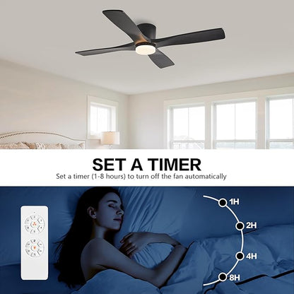 WINGBO 48 Inch Flush Mount DC Ceiling Fan with Lights and Remote, 4 Reversible Carved Wood Blades, 6-Speed Noiseless DC Motor, Hugger Ceiling Fan in Black Finish, Low Profile Ceiling Fans, ETL Listed