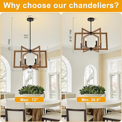 21.6" Farmhouse Chandelier, 6-Light Modern Geometric Dining Room Chandelier, Rustic Foyer Lighting Fixtures, Wood Grain Pendant Lights for Living Room, Dining Room, Bedroom, Kitchen Island, Entryway