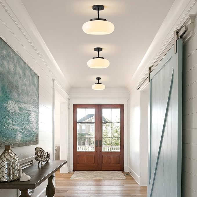 WOKNOS Mid-Century Modern Black Semi Flush Mount Ceiling Light, 3-Light Kitchen Light Fixtures with Glass Shade for Entryway Hallway Bathroom Bedroom (12.6 Inch)