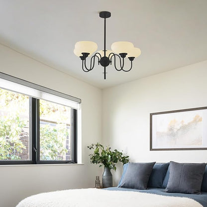 BOKT Black Chandelier for Bedroom, Modern Milk White Bowl Chandelier for Living Room, Adjustable 5 Light Farmhouse Chandeliers with Extension Rods